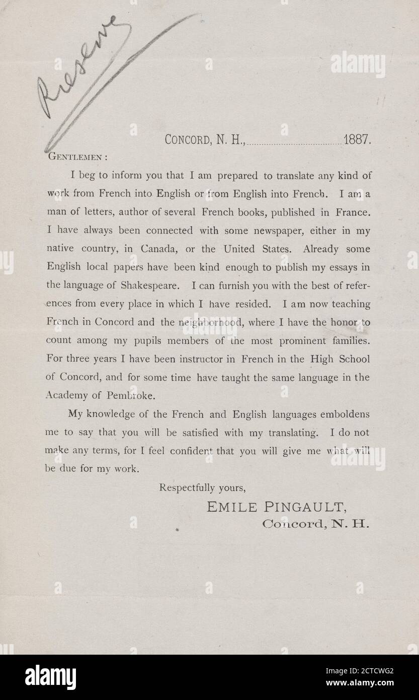 Pingault, Emile, text, Correspondence, 1887 Stock Photo