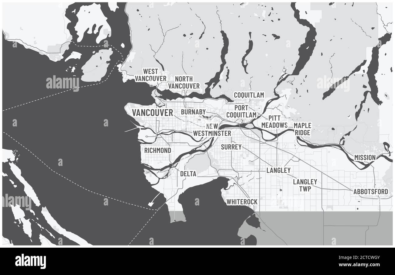 Greater Vancouver map and municipalities. Canada, British Columbia. Written city names of metro Vancouver. Roads, highways US border visible. Stock Vector