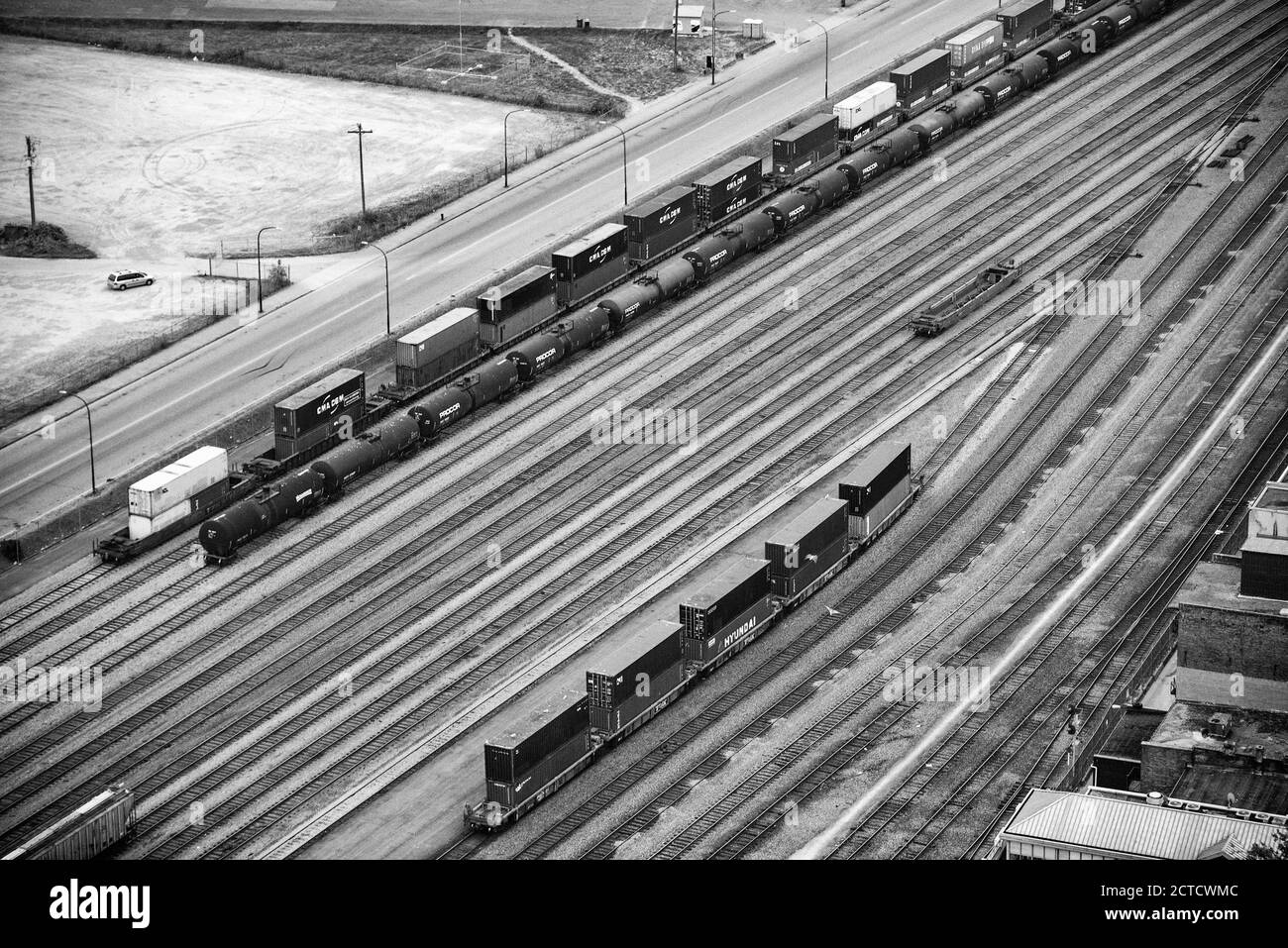 VANCOUVER - AUGUST 10, 2017: Aerial view of train station with cargo. Stock Photo