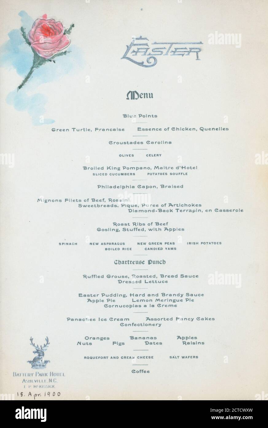 DINNER held by BATTERY PARK HOTEL at 'ASHEVILLE,NC' (HOTEL;), text, Menus, 1900 Stock Photo