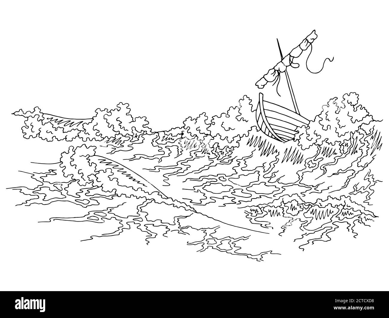 Storm sea boat graphic black white sketch illustration vector Stock Vector