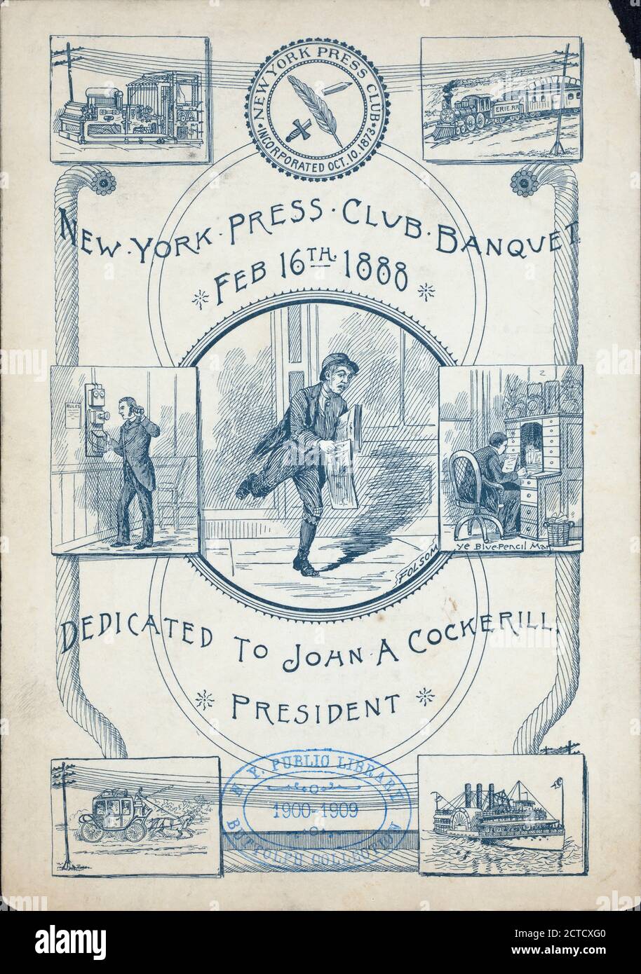 BANQUET DEDICATED TO JOHN A. COCKERILL, PRESIDENT held by NEW YORK PRESS CLUB at DELMONICO'S (HOT;), still image, Menus, 1888 Stock Photo