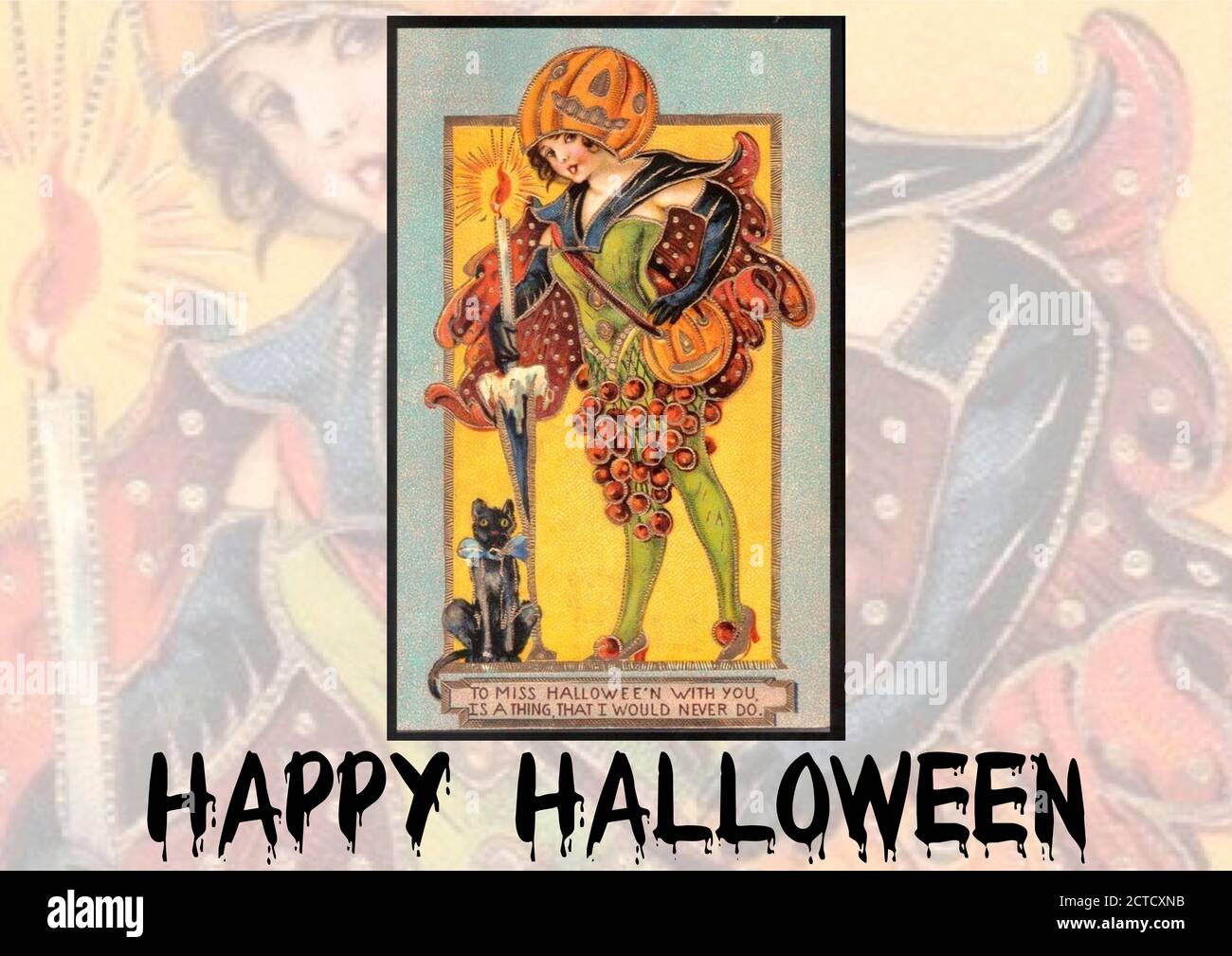 Vintage Happy Halloween greetings with copy space either side to add text/message of love. To miss Halloween with you is a thing I would never do xxxx Stock Photo