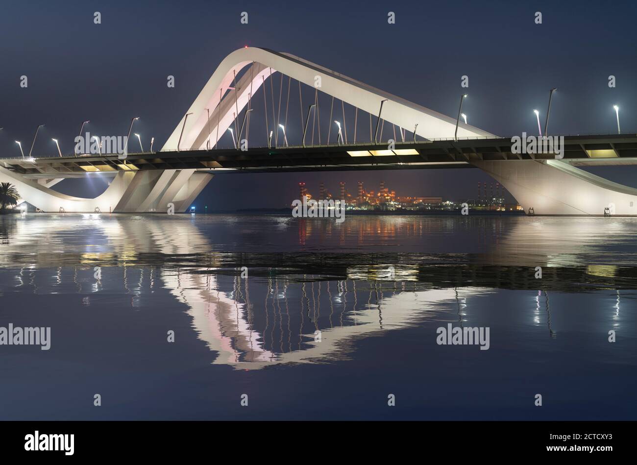 A night shot of the Sheikh Zayed Bridge, Abu Dhabi completed in 2010. Stock Photo