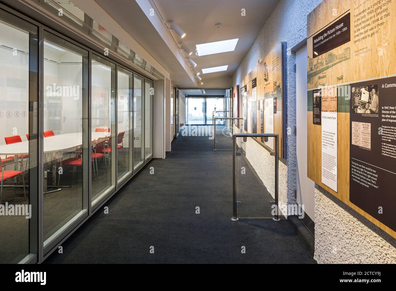 Campbeltown Picture House, Campbeltown, Scotland, UK. Circulation corridor with exhibition and conference room. Stock Photo