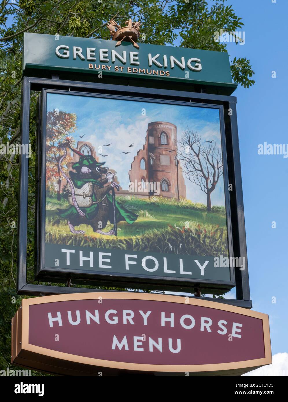 Traditional hanging pub sign at The Folly public house - a Hungry Horse pub -  at Charlton Road, Andover, Hampshire, England, UK Stock Photo