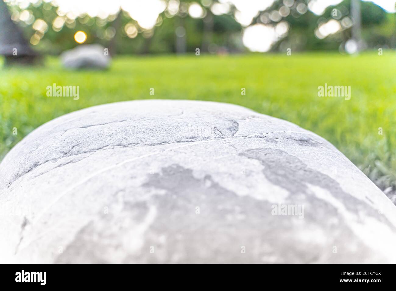 A big stone lies on a  green grassland  in the morning. Like a art craft out of a artist. Stock Photo