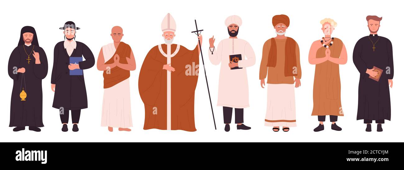 People of different religions infographic vector illustration set. Cartoon flat holy religious characters collection with catholic priest and pastor, Christian pope, Buddhist monk isolated on white Stock Vector