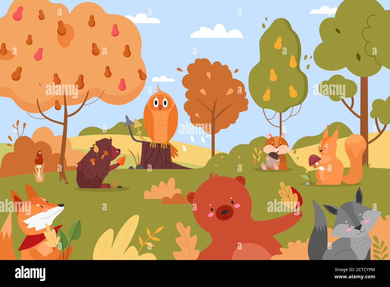 Animals in autumn forest. Cartoon flat funny animalistic characters enjoy autumn time together, cute forest wild nature scenery background Stock Vector