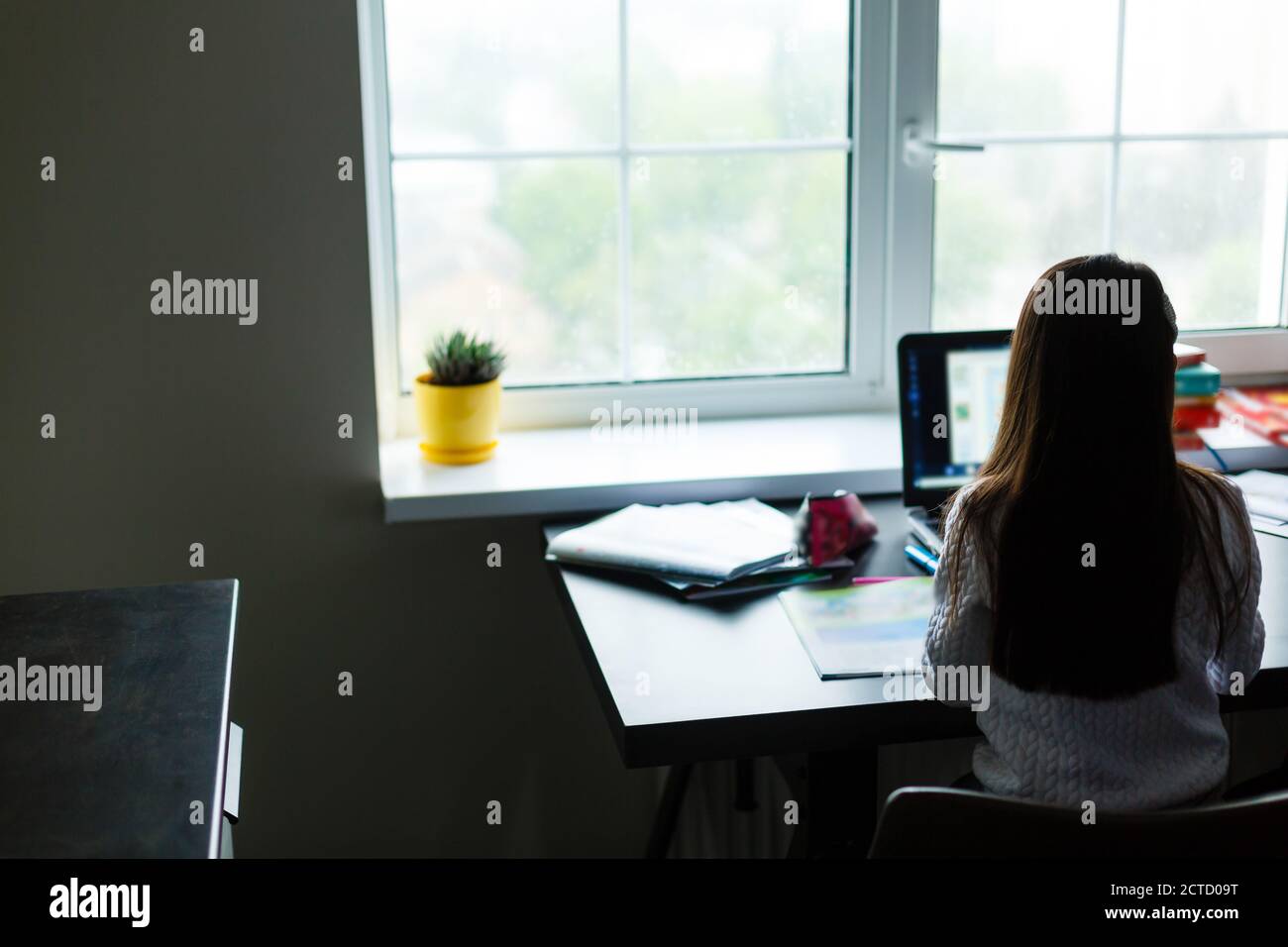 Little girl studying online using her laptop at home Stock Photo - Alamy