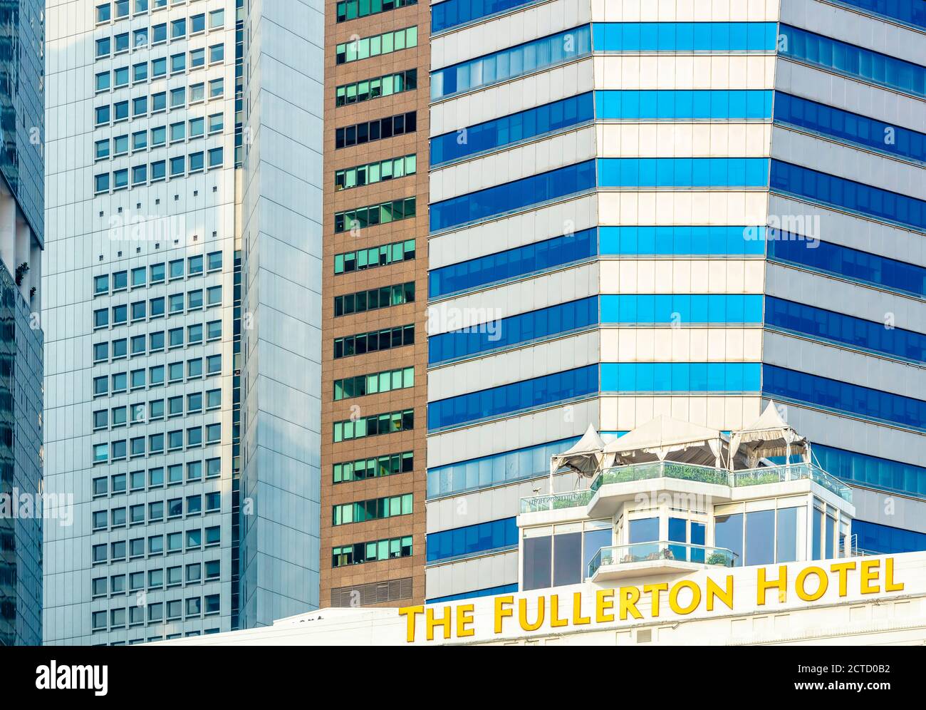 Closeup of The Fullerton Hotel and exterior facades of various
