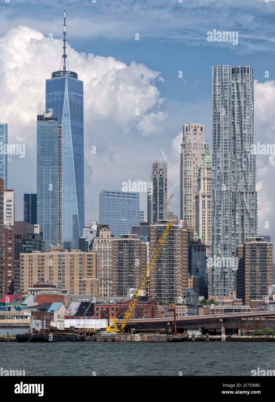 View from Hudson River of One World Trade Centre and 8 Spruce Street (Beekman Tower) New York, USA. Stock Photo