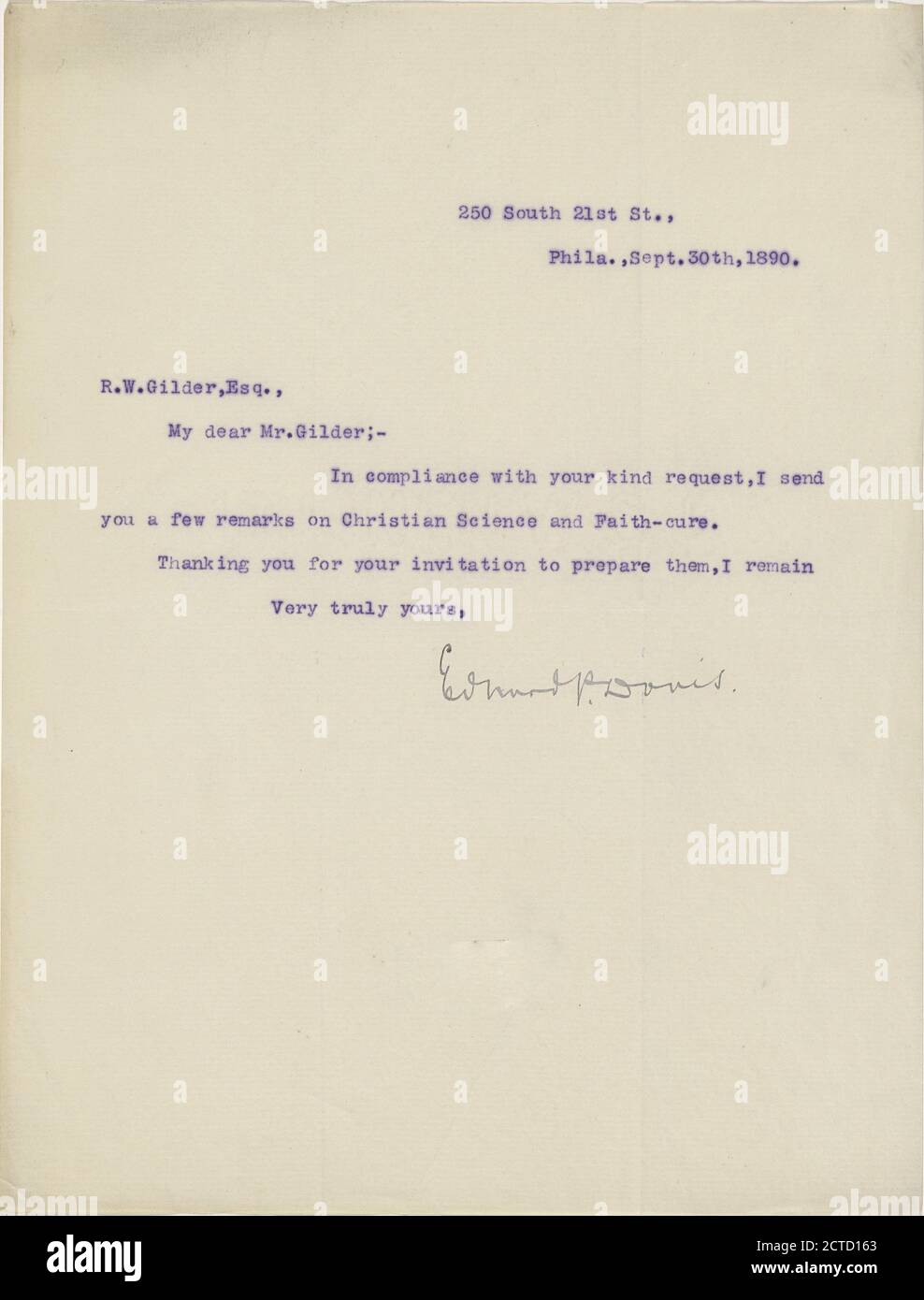 Davis, Edward P, text, Correspondence, 1890 Stock Photo