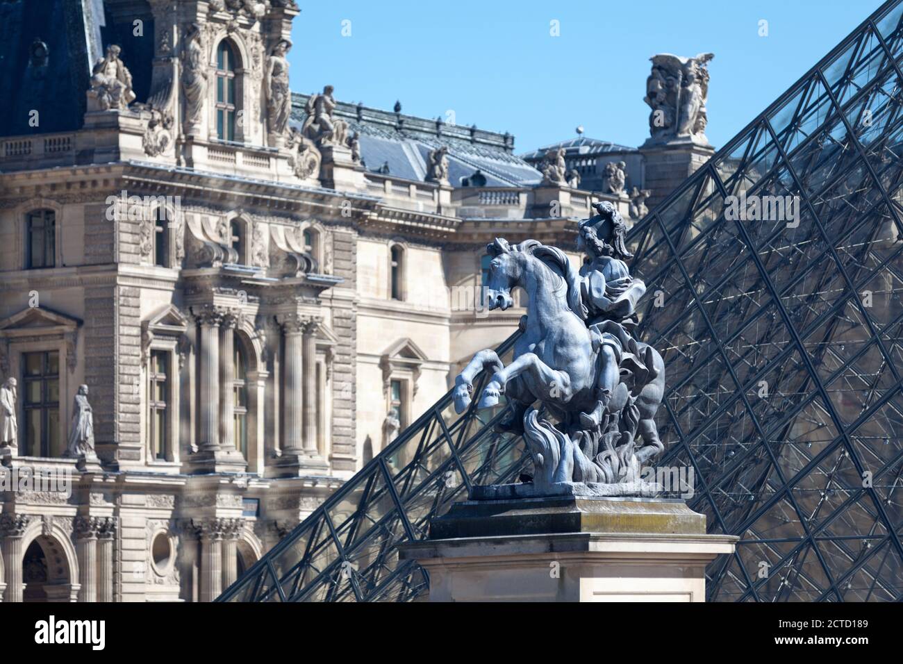 Paris, France - September 07 2016: Copy of the equestrian statue of Louis XIV of France in the guise of Marcus Curtius, produced by Bernini and Franço Stock Photo