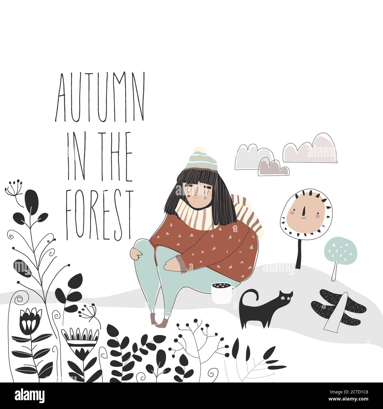 Cute girl walking in the forest. Hello autumn Stock Vector
