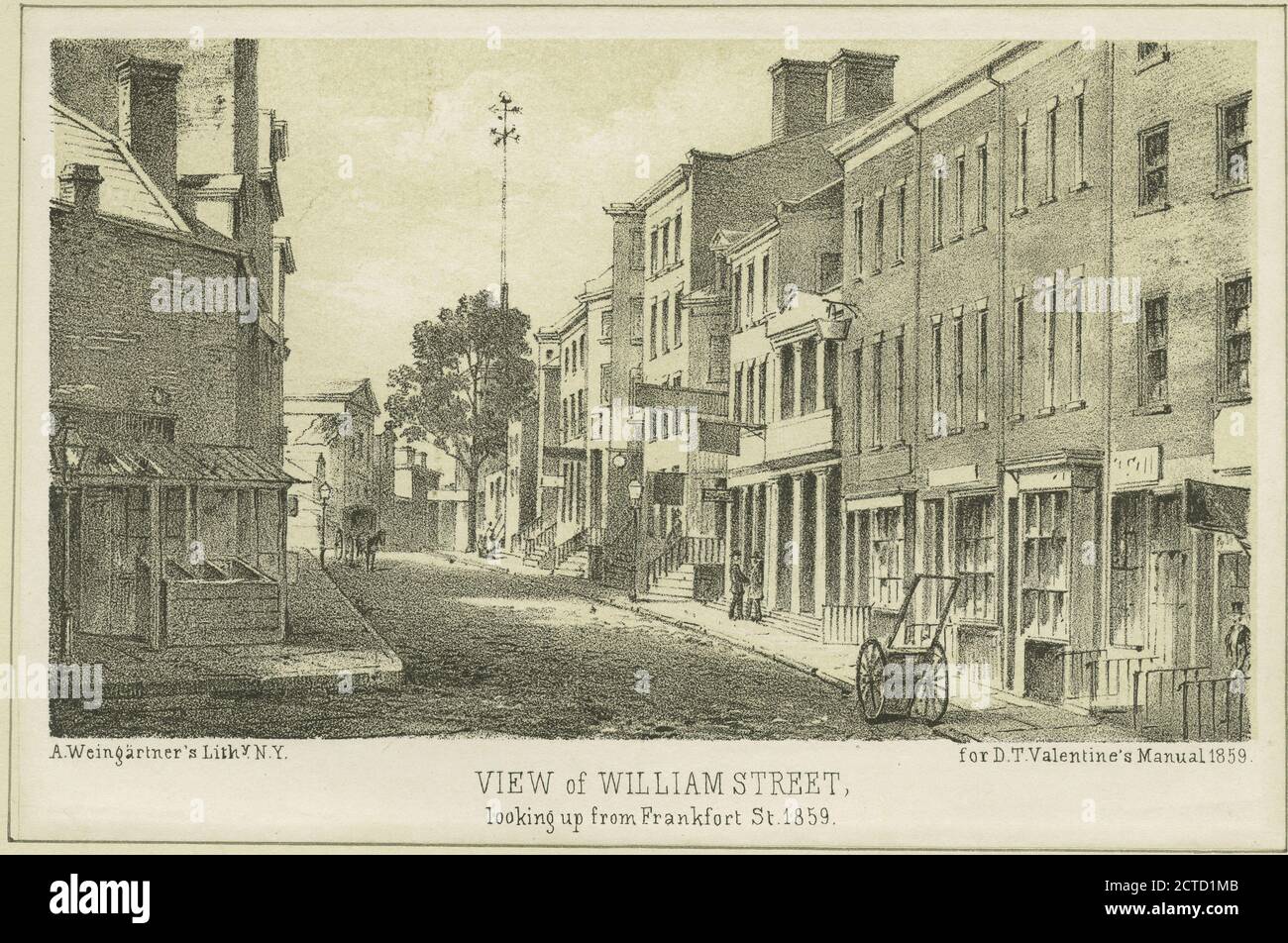 Old house in William St. betw. Fulton & John St. 1861; View of William Street loking up from Frankfort St. 1859, still image, Prints, 1828 - 1890 Stock Photo