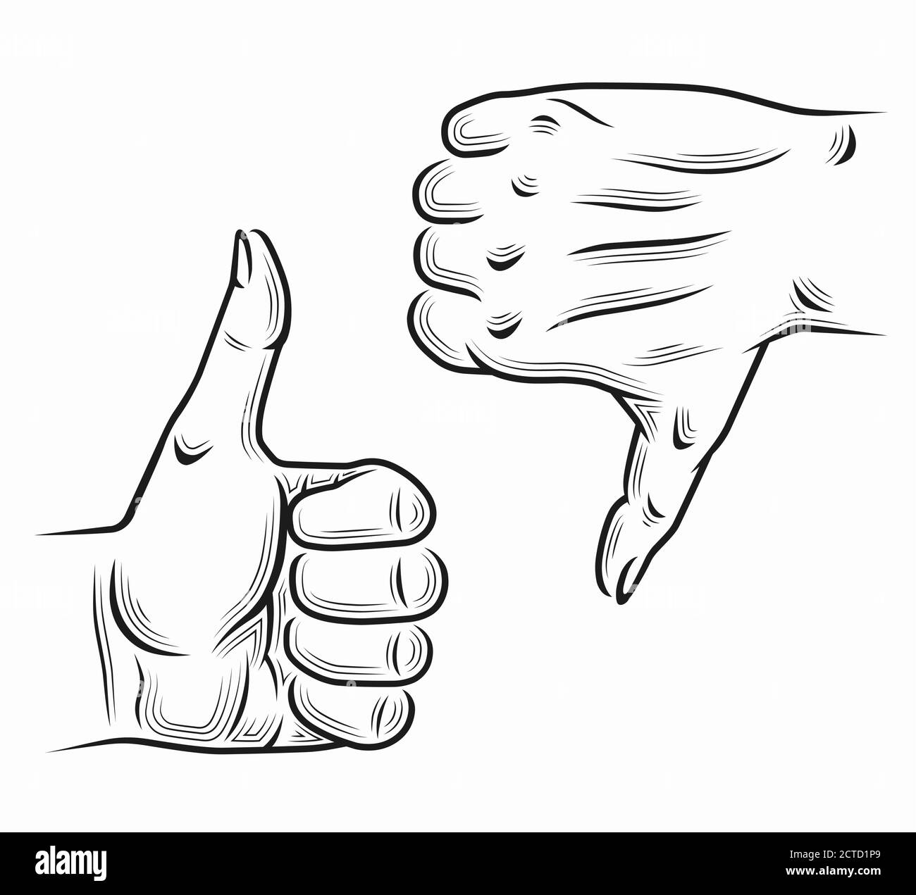 Thumb up and thumb down hand gesture vector illustration in engraving linear style Stock Vector