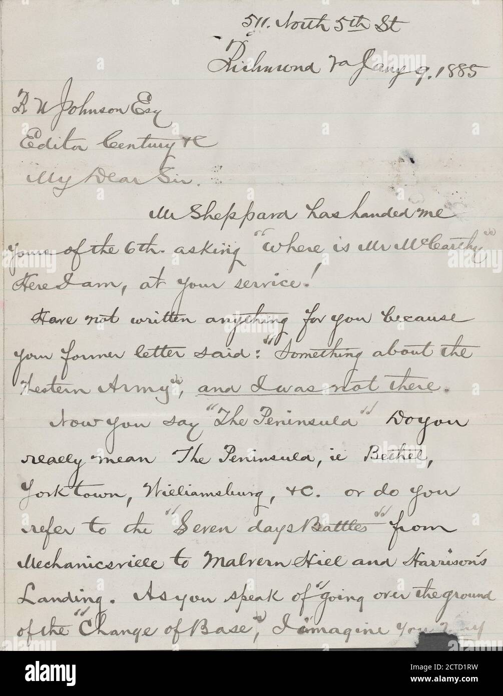 McCarthy, Carlton, text, Correspondence, 1885 Stock Photo
