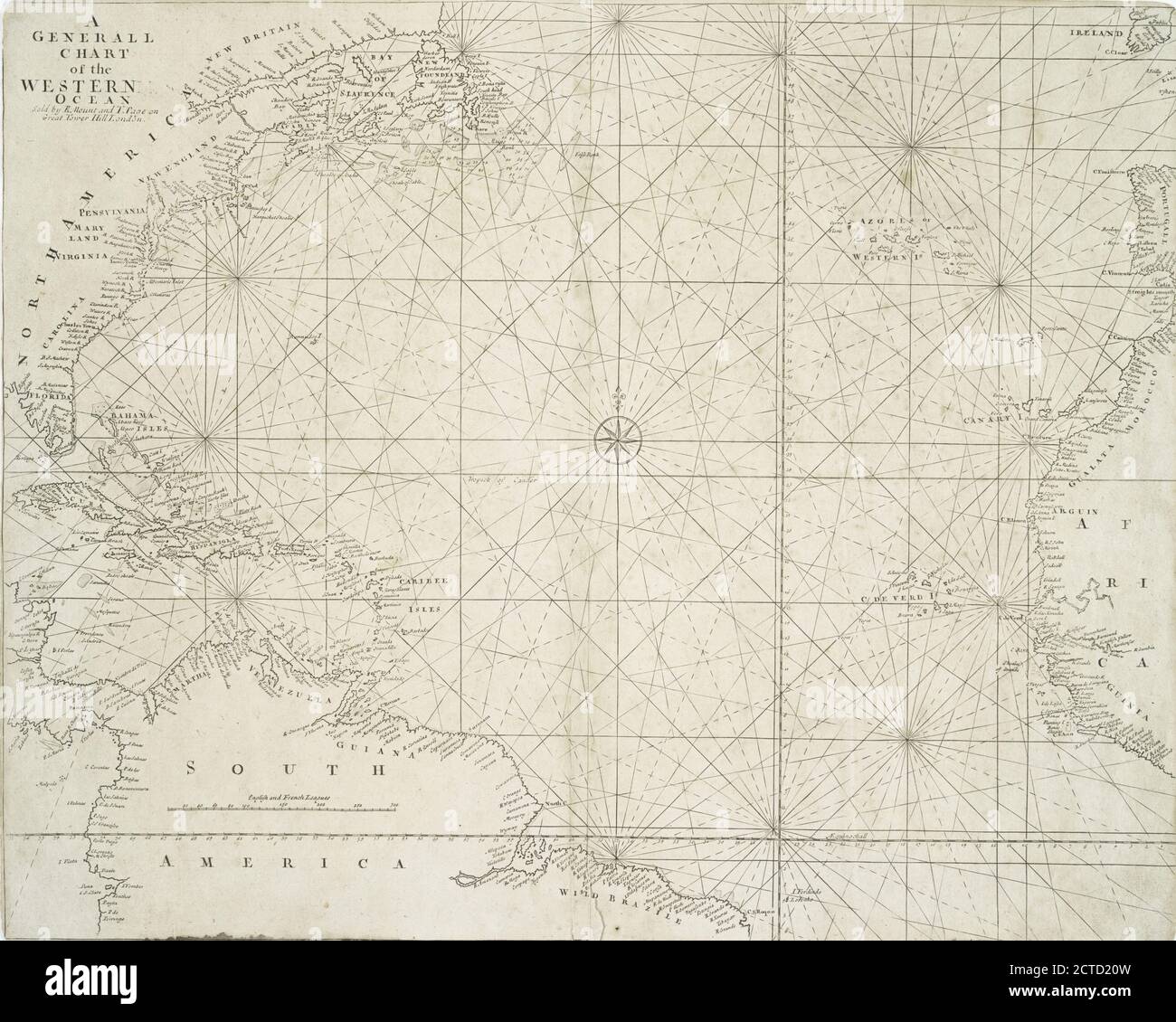 A Generall chart of the Western Ocean., cartographic, Maps, 1713 Stock Photo