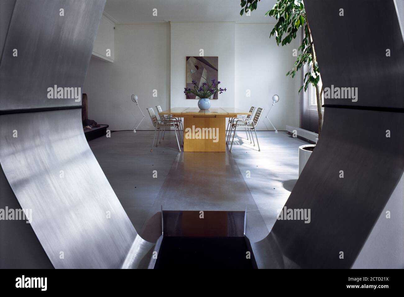 Interior view of Project 118 DS Flat, London, UK. View through doorway towards dining area. Stock Photo