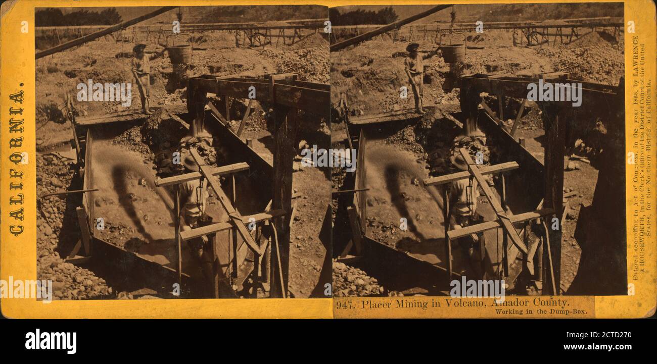 Placer Mining at Volcano, Amador County, working in the dump-box., still image, Stereographs, 1863 - 1868 Stock Photo