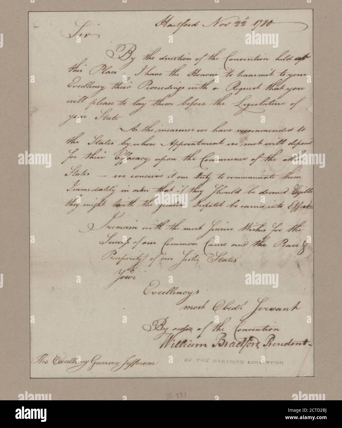Letter to Gov. Thomas Jefferson Virginia, text, Documents, 1780, Hartford Convention, 1780 Stock Photo