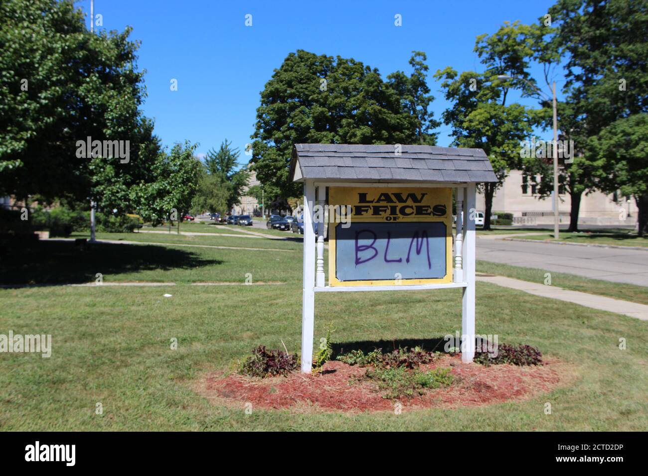 Law office sign vandalized with BLM graffiti at in Kenosha after the riots Stock Photo