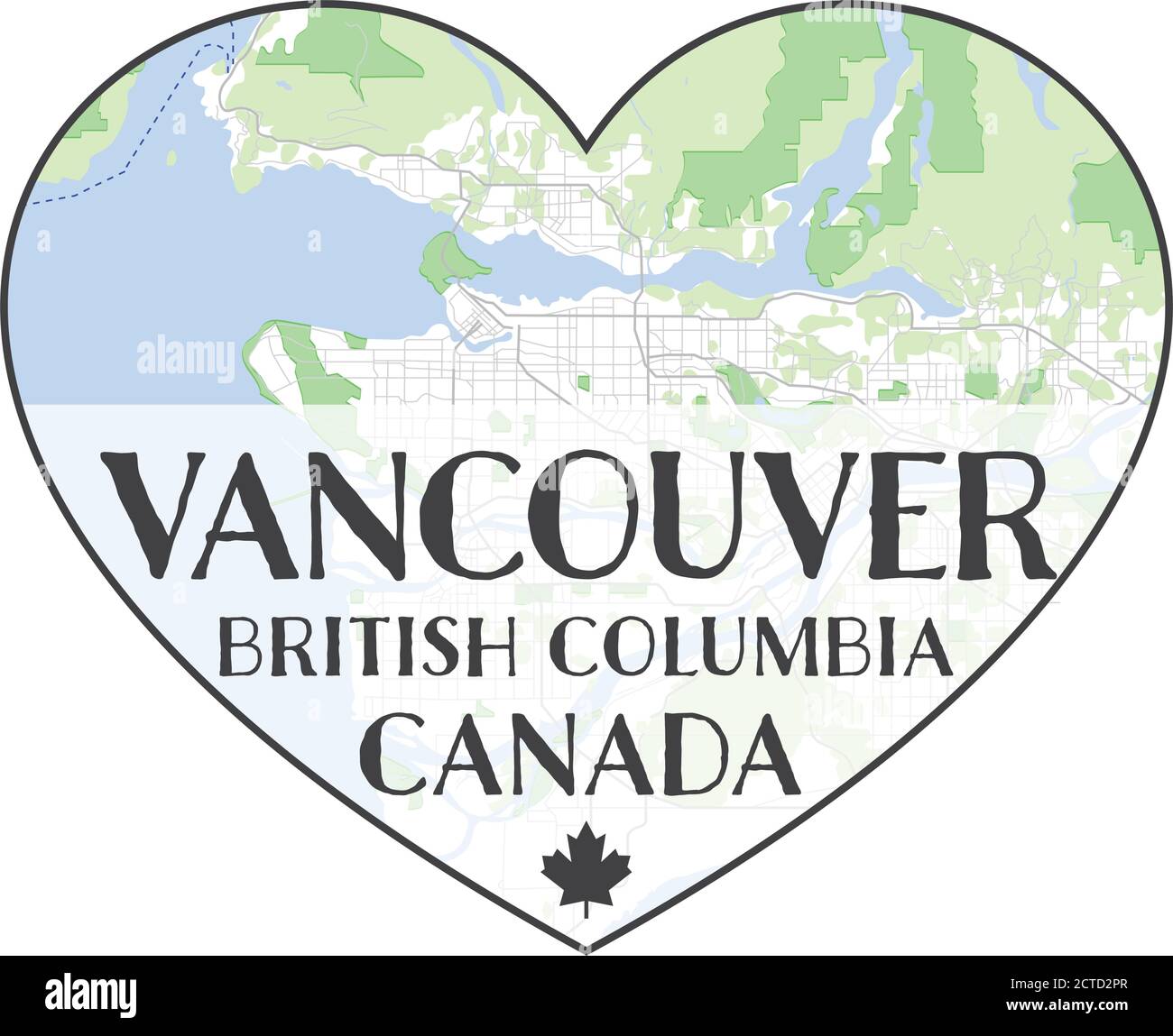 Map of Vancouver inside heart shape. Centered text bellow "Vancouver, British Columbia, Canada". Concept for love and to live in Vancouver. Vector. Stock Vector