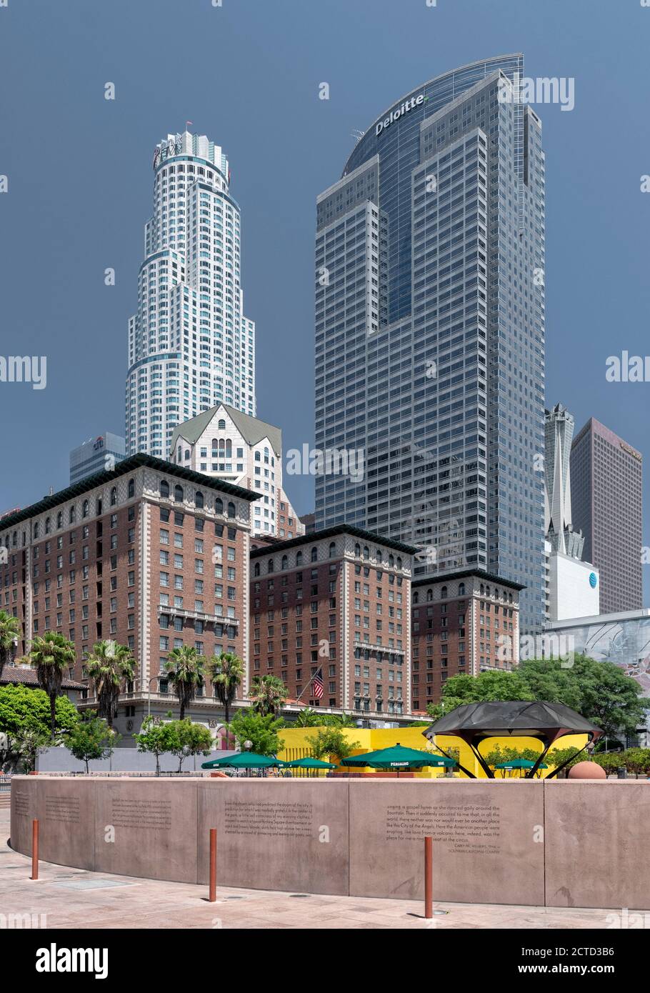 A summer day shot at the entrance of Pershing Square, downtown LA, California, USA.  Building completed in 1991. Stock Photo