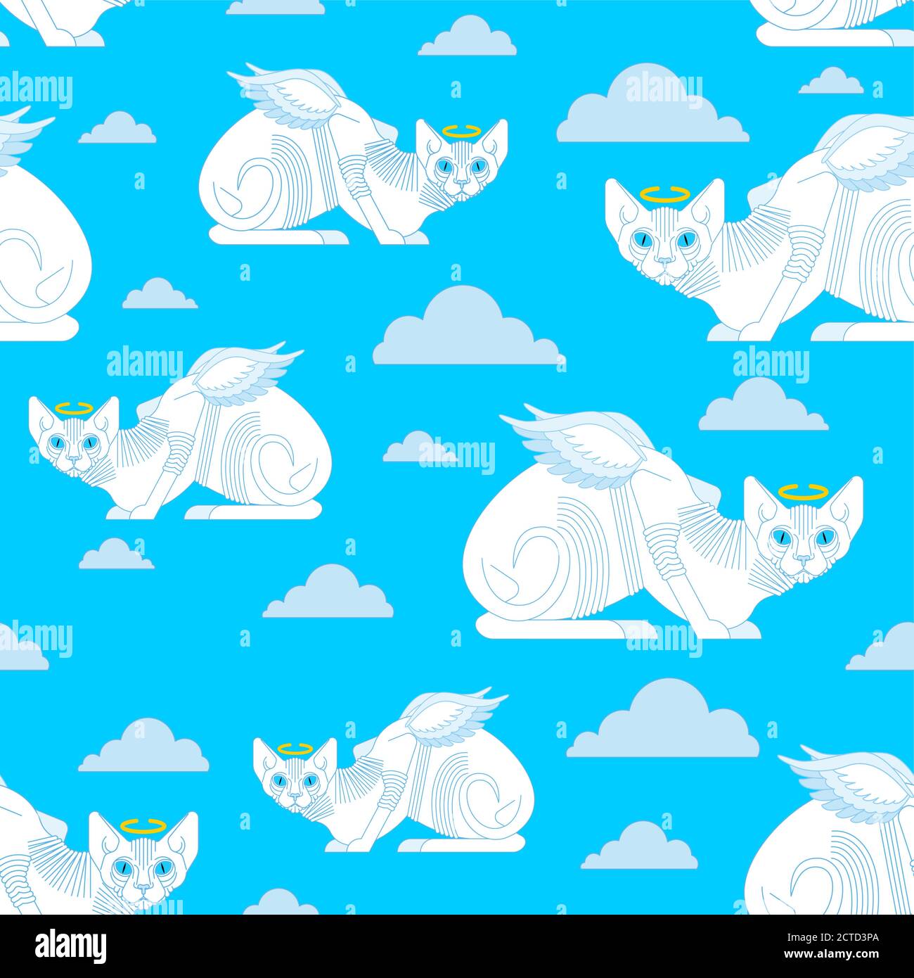 Angel cat pattern seamless. White cat with wings background. Baby fabric texture Stock Vector