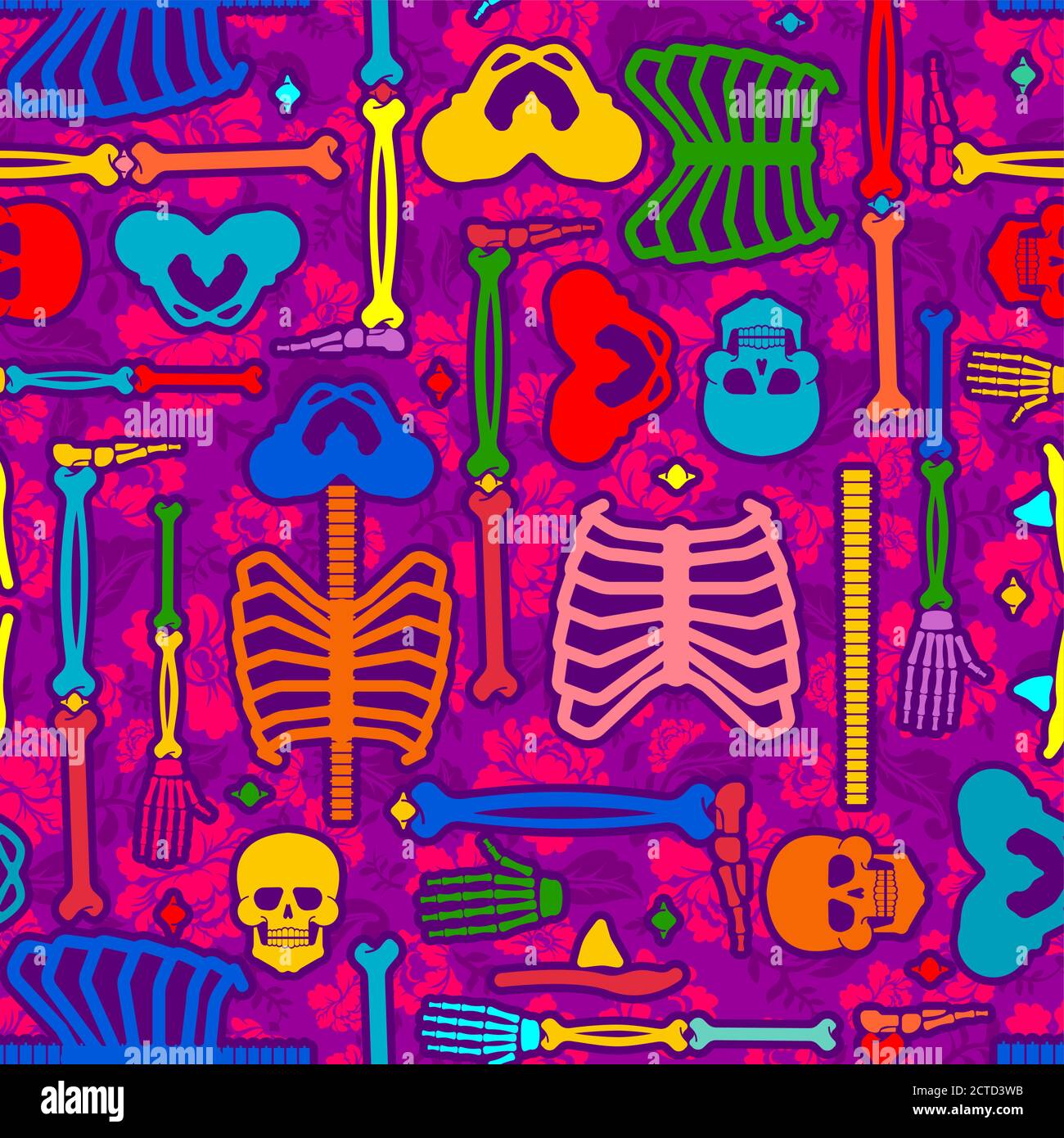 Day of the Dead pattern seamless. Multicolored Skull and skeleton ...