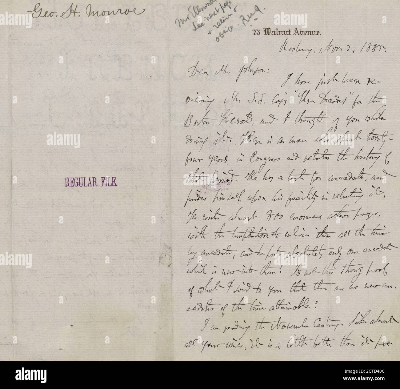 Monroe, George H, text, Correspondence, 1885 Stock Photo