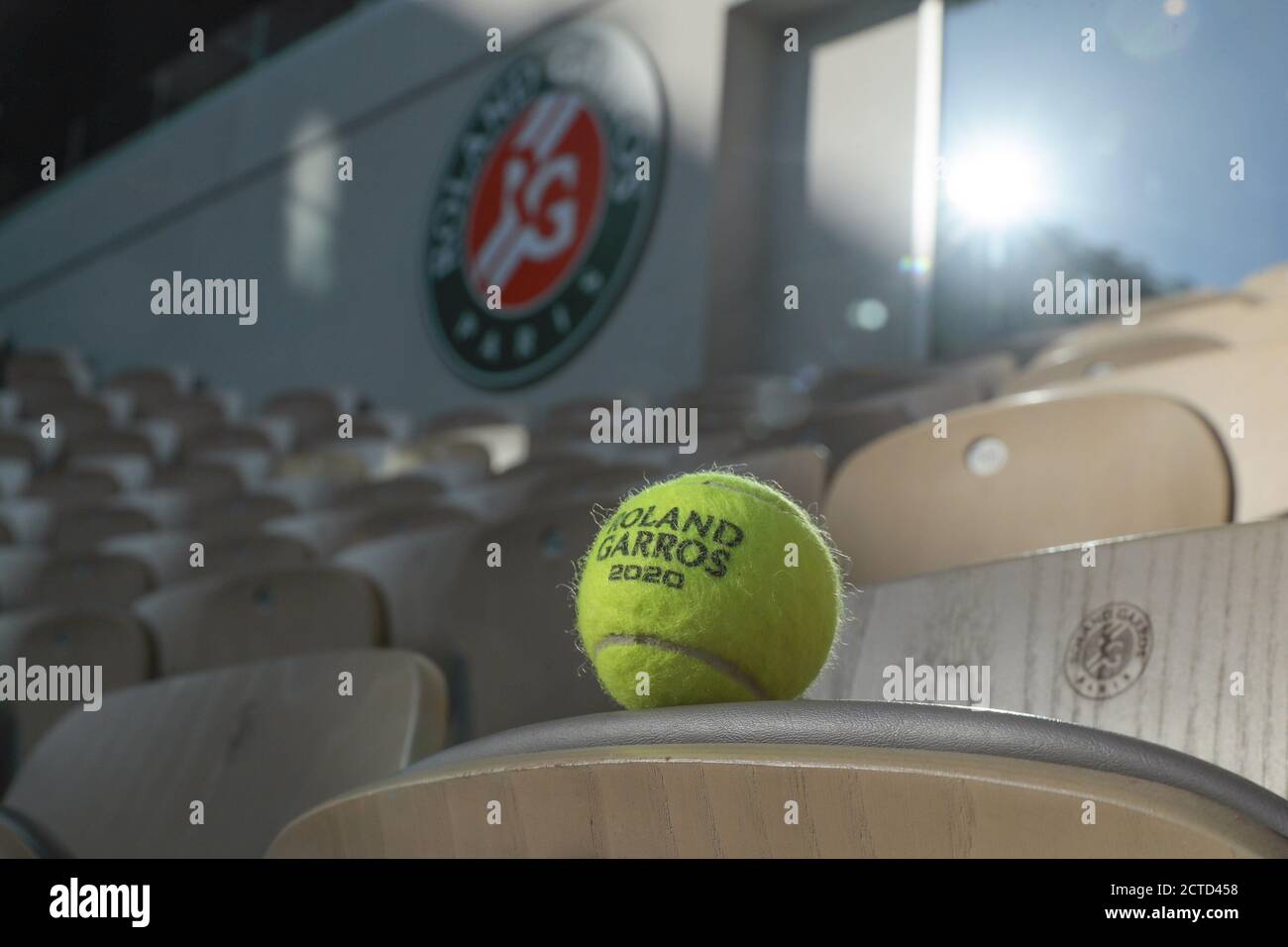 Illustration of official tennis ball Roland Garros 2020 by Wilson under the CoVid health crisis 19 during the Roland Garros 2020, Grand Slam tennis to Stock Photo