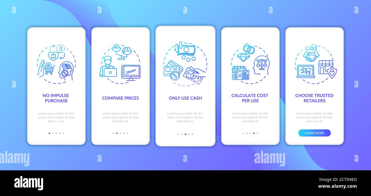 Smart spender tips onboarding mobile app page screen with concepts Stock Vector