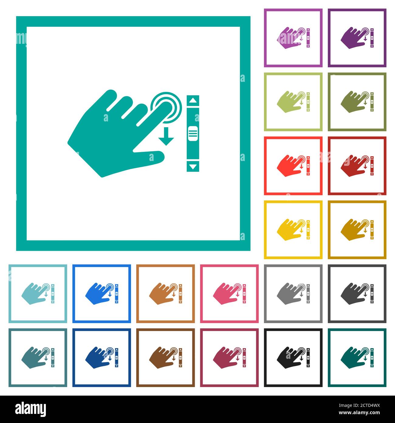 Left handed scroll down gesture flat color icons with quadrant frames on white background Stock Vector