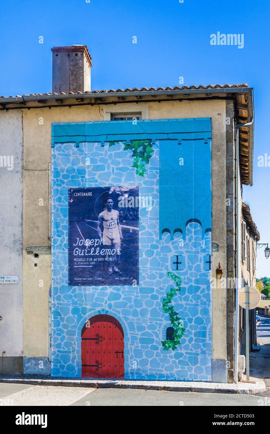 Large poster celebrating birthplace of Joseph Guillemot, 5000 meters gold medal winner at 1920 Antwerp Olympics - Le Dorat, Haute-Vienne (87), France Stock Photo