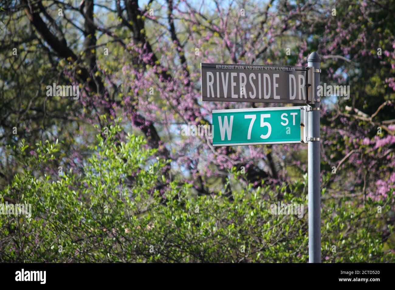 Riverside Drive and West 75th Street historic sign in collegiate district Stock Photo