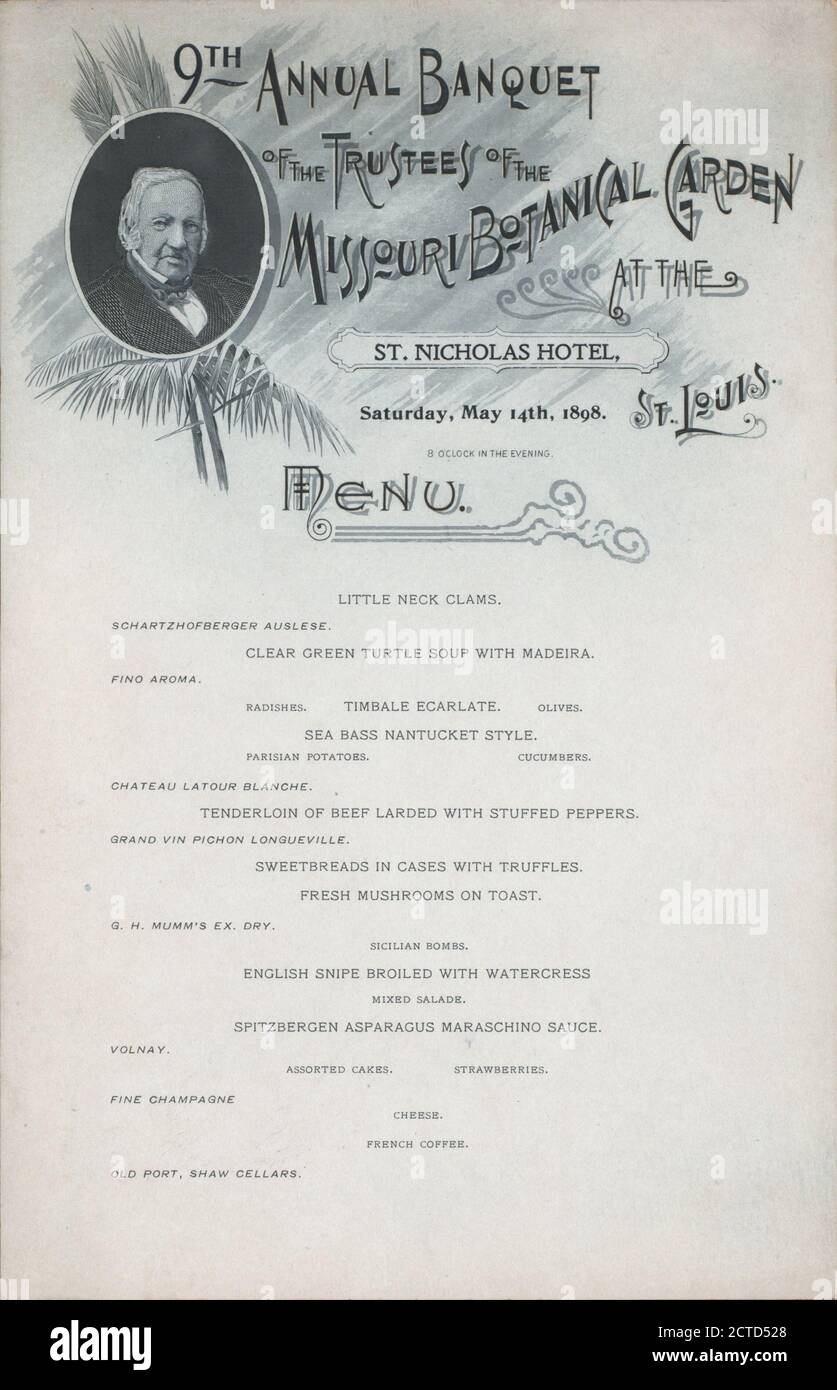 9TH ANNUAL BANQUET held by MISSOURI BOTANICAL GARDEN TRUSTEES at 'ST. NICHOLAS HOTEL, ST.LOUIS, MO' (HOTEL;), still image, Menus, 1898 Stock Photo