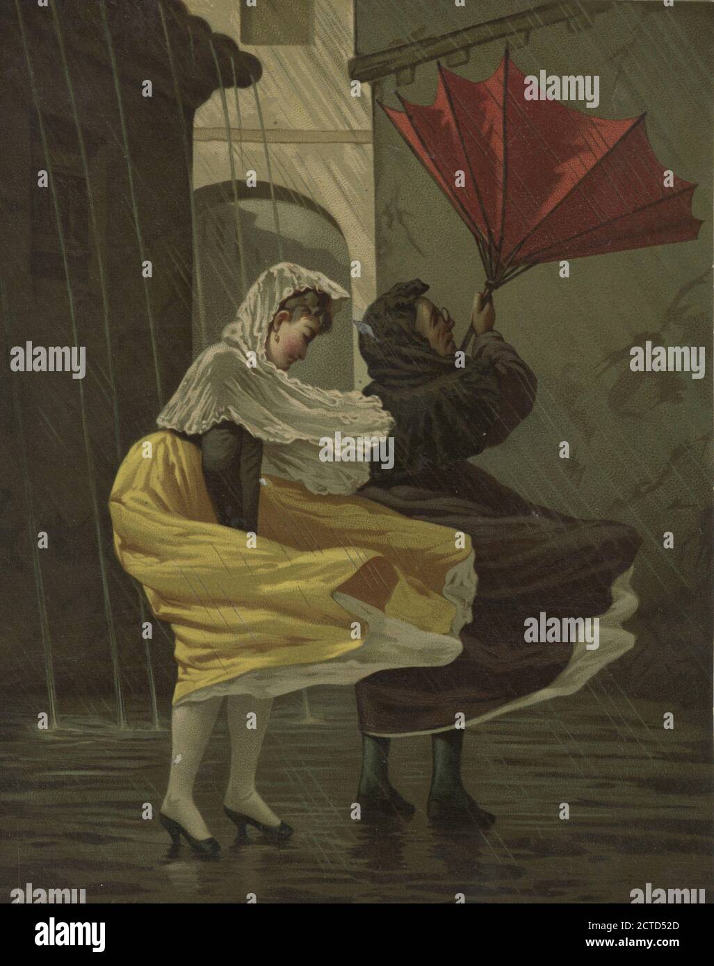 A print depicting women in a windy rainstorm with an umbrella blown inside out., still image, c1876-1890 - 1875 Stock Photo