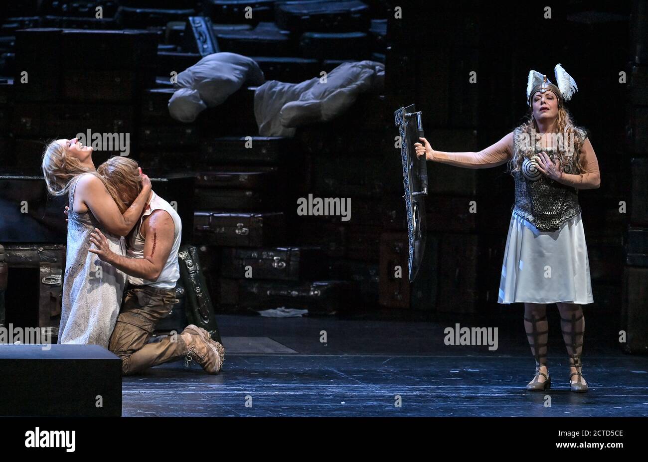 Berlin, Germany. 22nd Sep, 2020. Nina Stemme (as Brünnhilde, l) and Brandon Jovanovich (as Siegmund) and Lise Davidsen (as Sieglinde) are on stage at the photo rehearsal for the opera 'Die Walküre' by Richard Wagner at the Deutsche Oper. The play celebrates its premiere on 27.09.2020. Credit: Britta Pedersen/dpa-Zentralbild/dpa/Alamy Live News Stock Photo