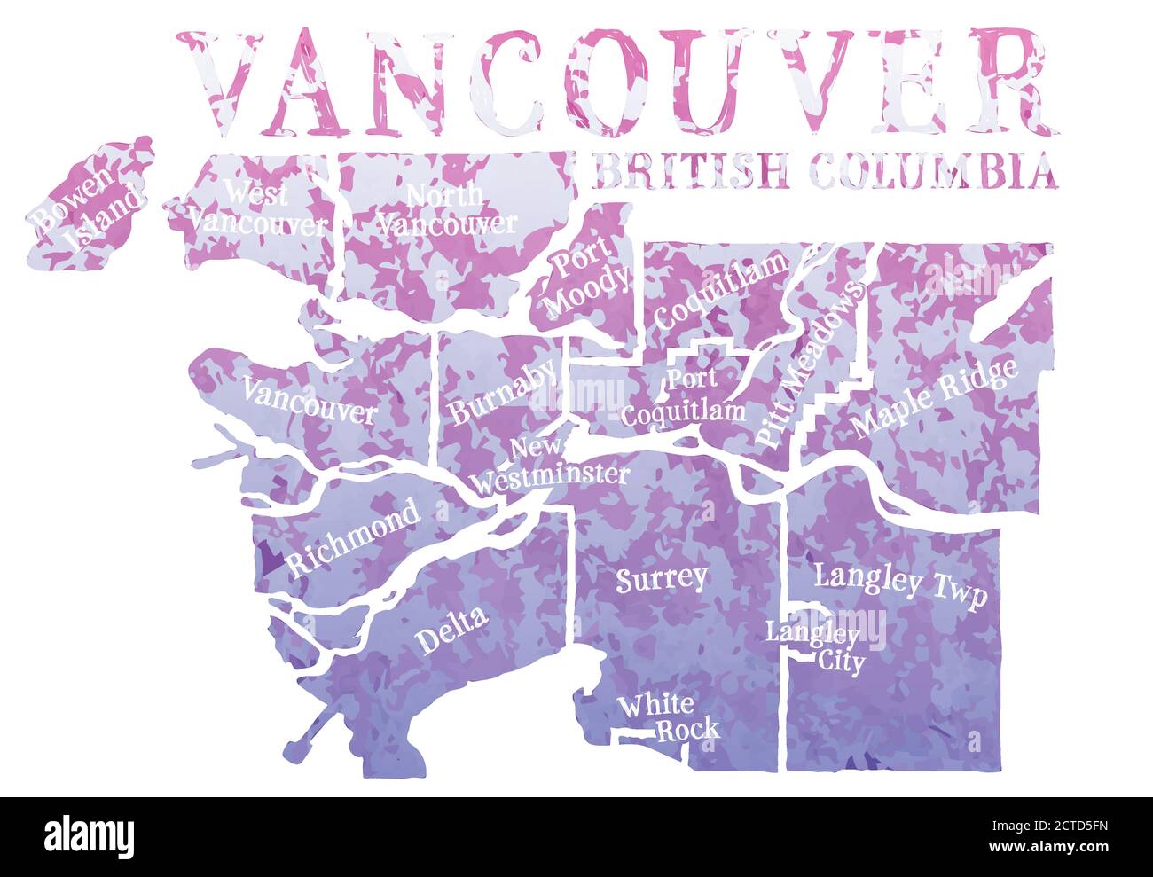 Stylized map of greater Vancouver, Canada, British Columbia. Decorative font for the municipalities. Watercolor texture in a pink to purple gradient. Stock Vector