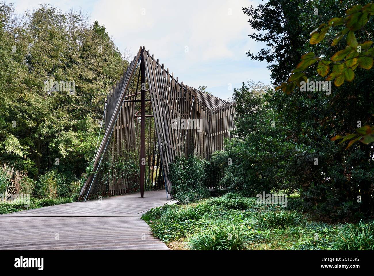 Sanctuary Chapel for Vatican Pavilion at Venice Biennale 2018. tensegrity structure which is made up of steel masts and cross arms, braced by prestressed steel cables and small inclined circular hollow sections. Stock Photo