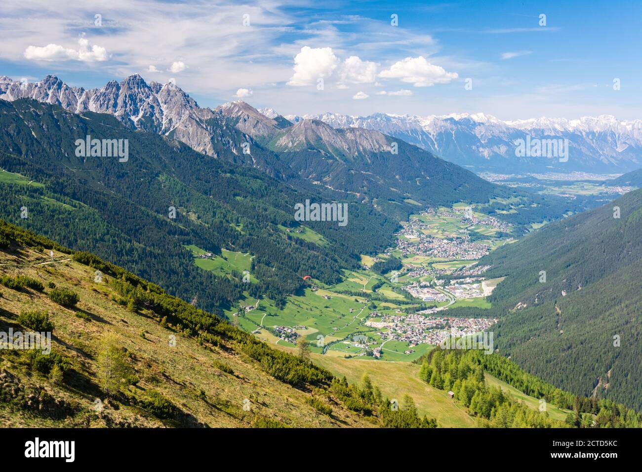 View over Stubaital valley in Tirol, Austria, with Neder, Kampl, Medraz and Fulpmes. Stock Photo
