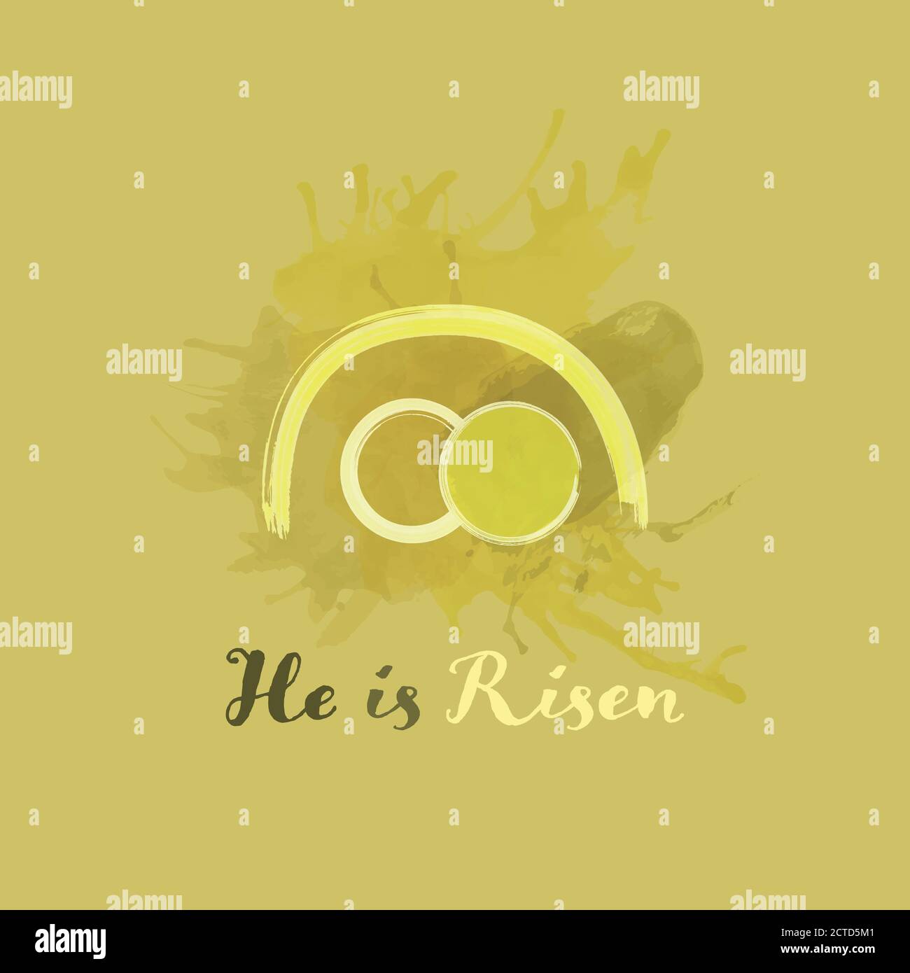 Christian worship and praise. Empty tomb in watercolor style. Text : He ...