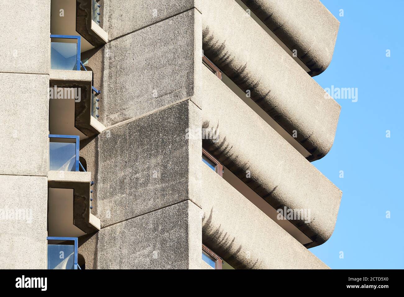 Exterior detail of Lauderdale Tower, the Barbican Estate, City of London UK. Designed by architects Chamberlin, Powell and Bon. Completed in 1974. Stock Photo