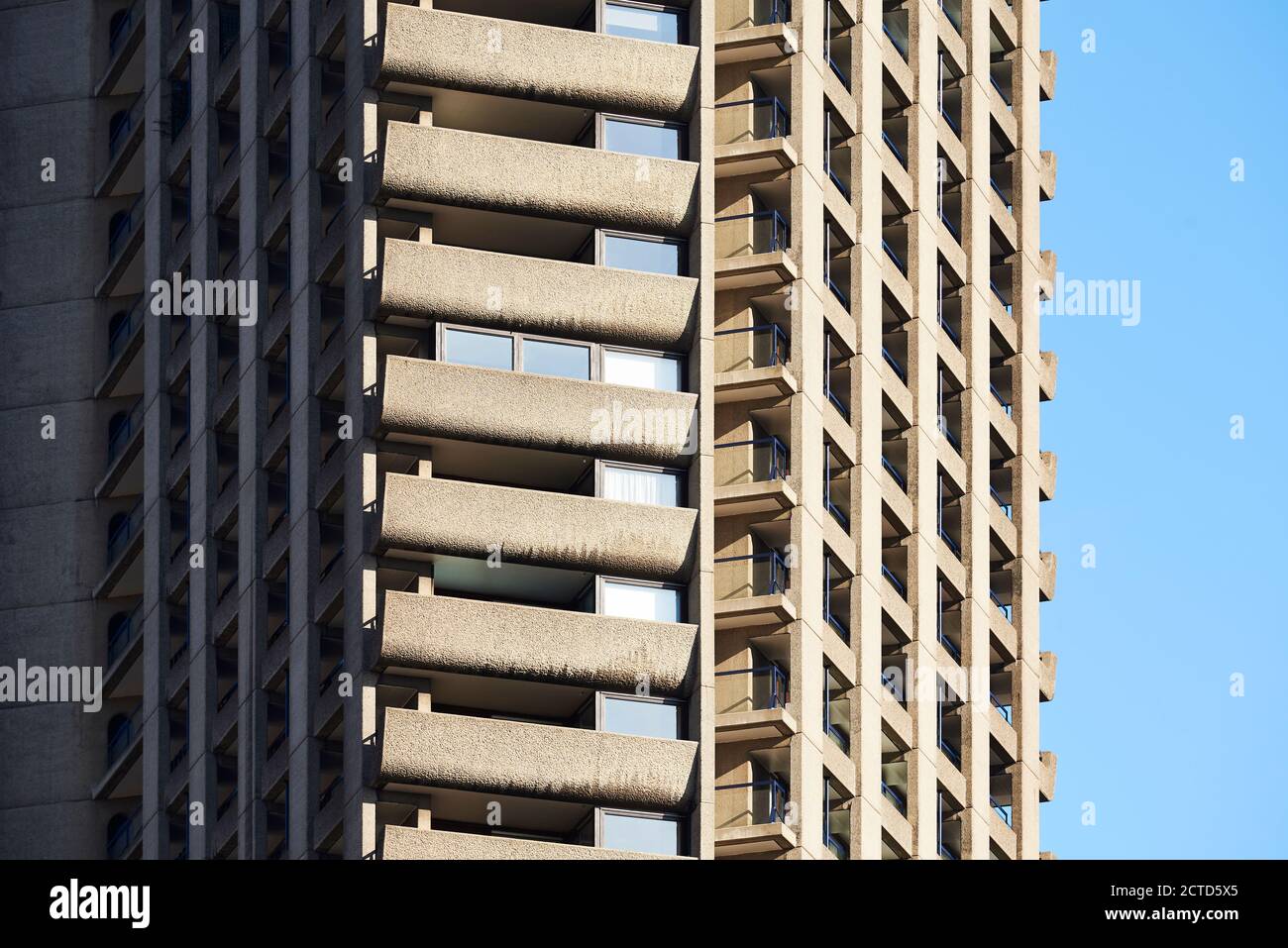 Exterior detail of Shakespeare Tower, the Barbican Estate, City of London UK. Designed by