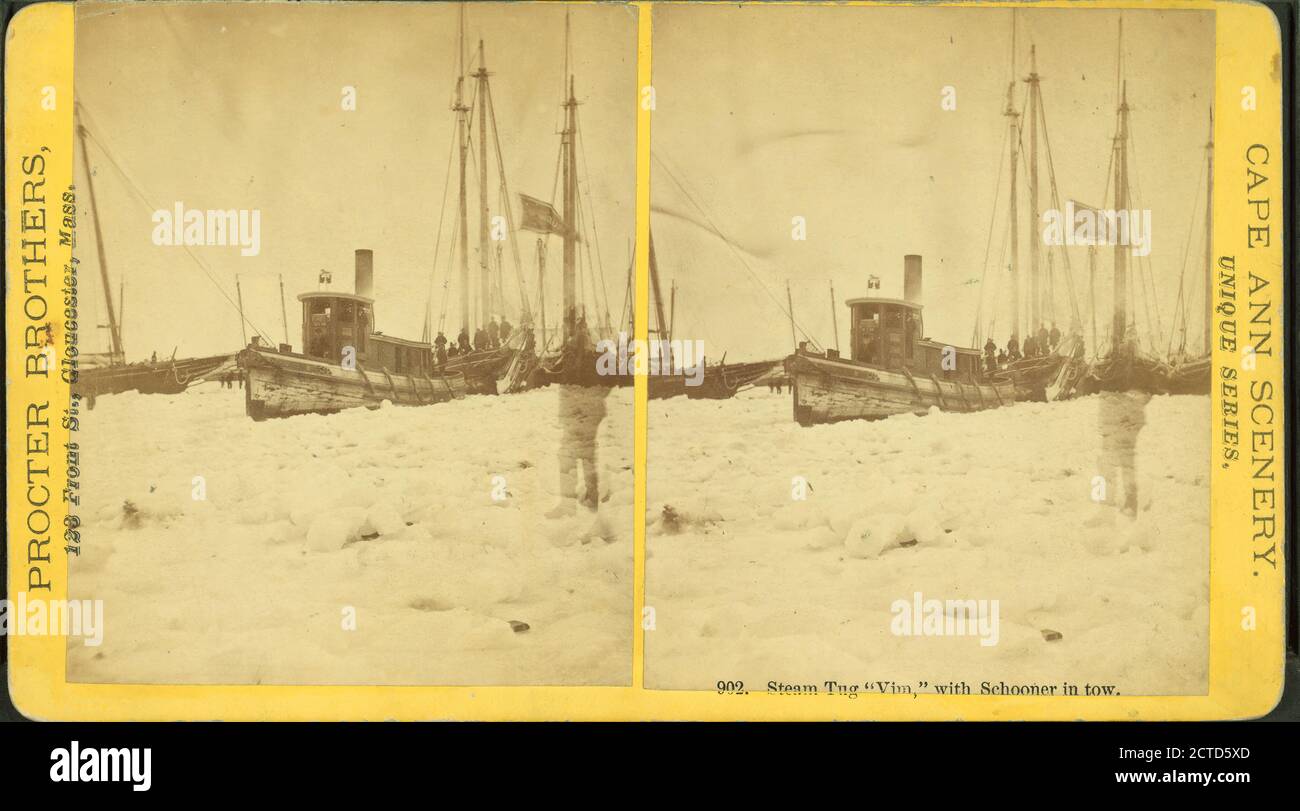 Steam tug 'Vim' with schooner in tow., still image, Stereographs, 1850 - 1930, Procter Brothers Stock Photo