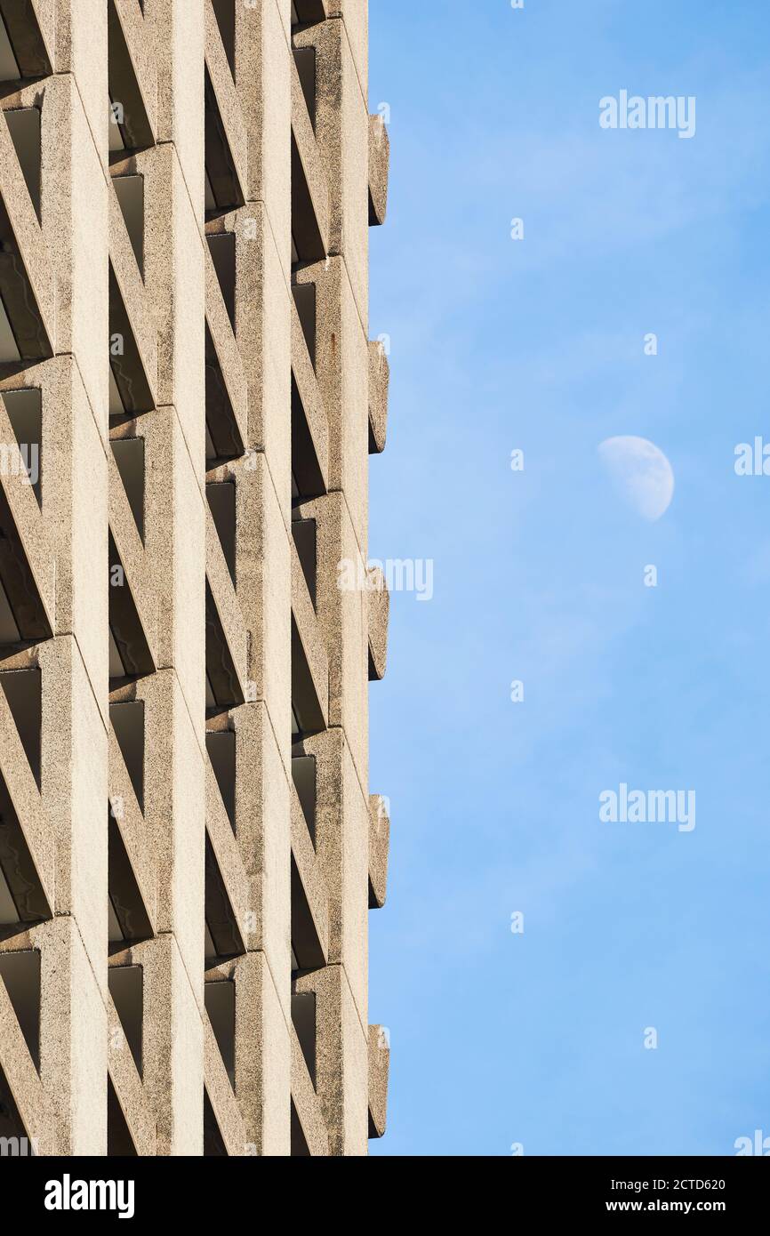 Exterior detail of Shakespeare Tower, the Barbican Estate, City of London UK. Designed by