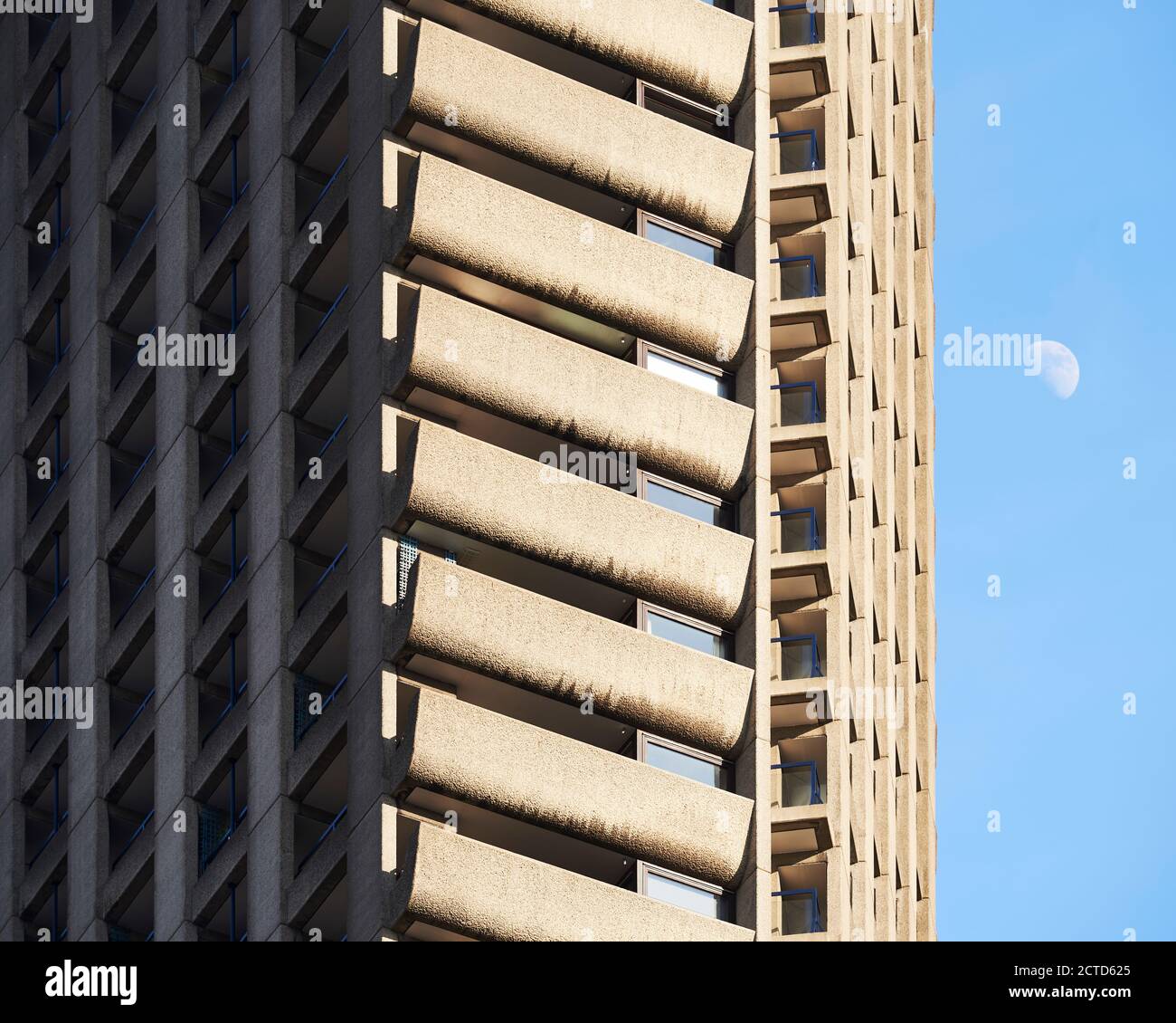 Exterior detail of Shakespeare Tower, the Barbican Estate, City of London UK. Designed by
