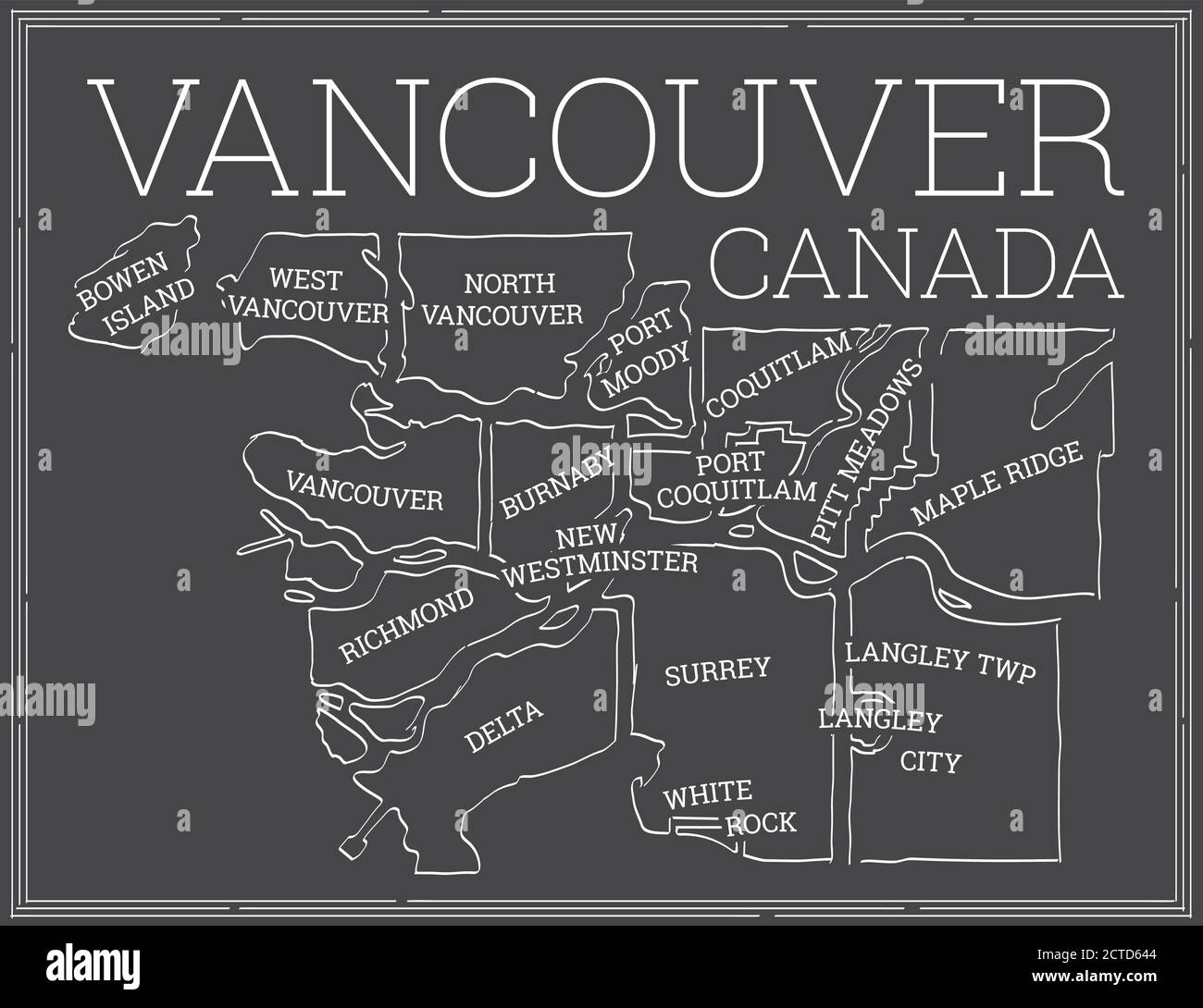 Dark stylized map of greater Vancouver, British Columbia. Blackboard look. White outlined municipalities of surrounding areas of Vancouver. Stock Vector